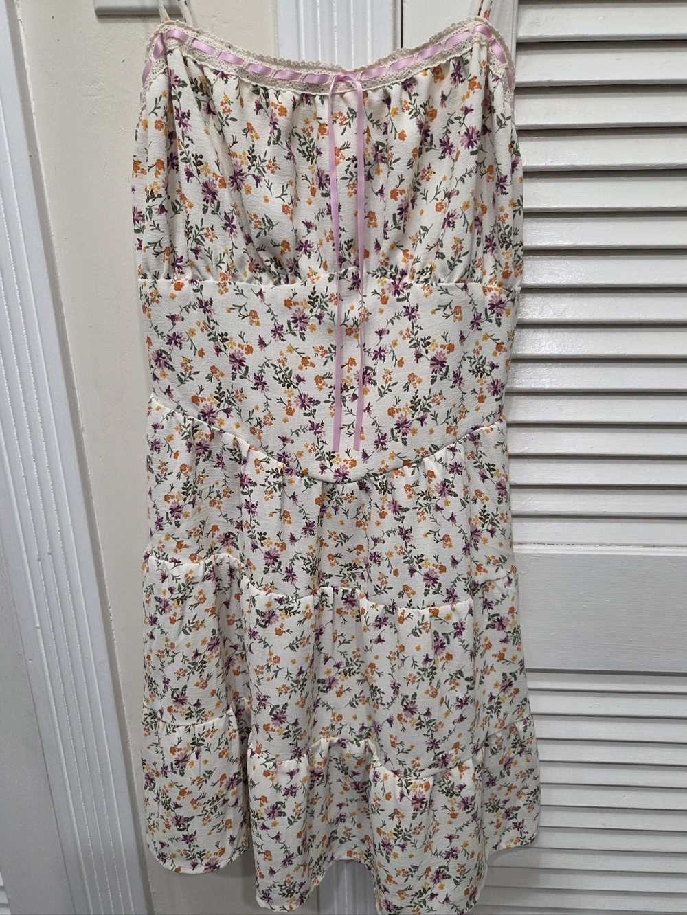 Floral Tiered Mini Dress L Coquette Cottagecore Lace Ribbon Smocked